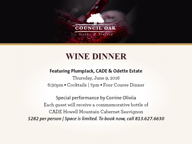 Wine Pairing Dinner To Be Hosted in Council Oak Lounge Featuring PlumpJack, CADE, Odette Estate Wines