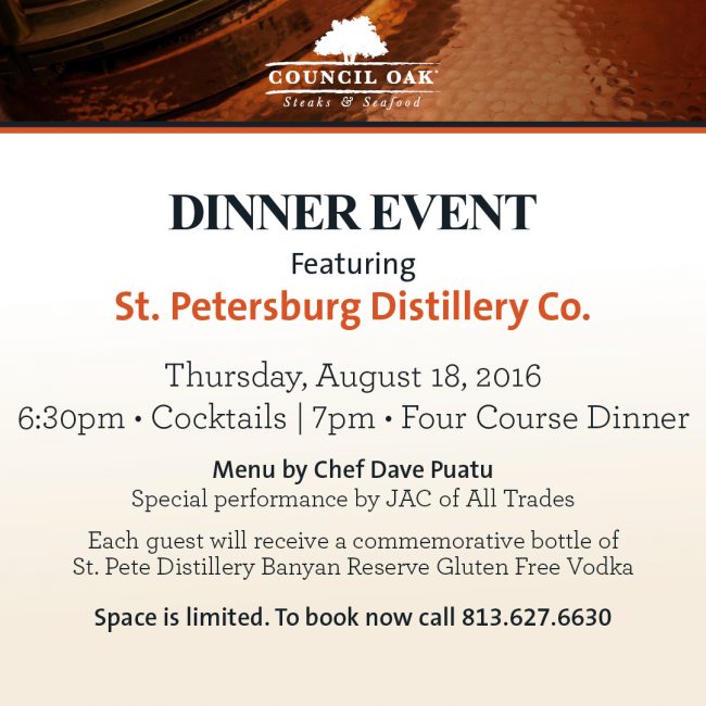 Old St. Pete Distillery Pairing Dinner Scheduled for Council Oak Lounge